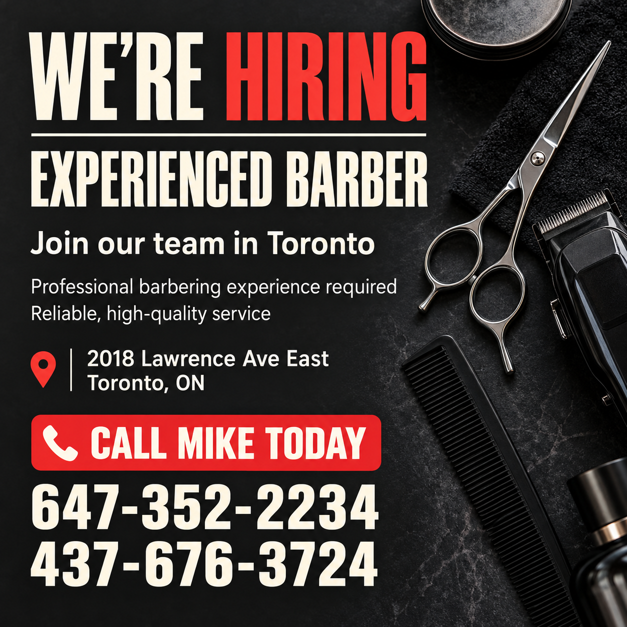 Experienced Barber Wanted — Toronto, Lawrence Ave East